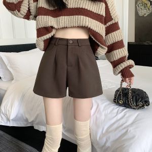 High Waist Wide Leg Woolen Shorts Womens Thickened Autumn Winter Commute Style Korean Fashion Pocket Detail Boot Cut Pants