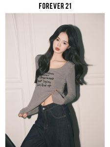 Forever21 Pure Desire Scoop Slimming Gray T-shirt Womens Long Sleeve Casual Base Sweet and Spicy Letter Print Top
