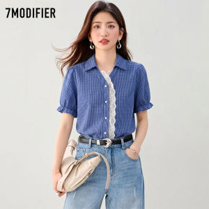 7.Modifier | Áo Sơ Mi Dáng Sweet Casual Họa Tiết Carô Tay Bồng Viền Ren Mùa Hè