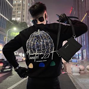 Trendy Handsome round Neck Sweatshirt Mens Spring and Autumn Casual Print Jacket Long-Sleeved T-shirt 2024 New Arrival Black Tops