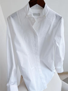 White Pleated Stand Collar Long Sleeve Shirt Womens Loose Fit Summer New Style Elegant Slimming Versatile Shirt Commute Korean Style