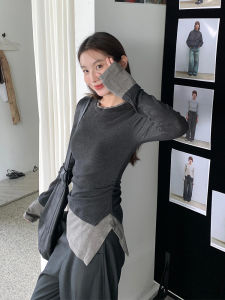 Korean Style Splice Short Sleeve Long Shirt Womens Autumn Winter Slim Fit Base Layer Shirt Irregular Top Grey T-shirt