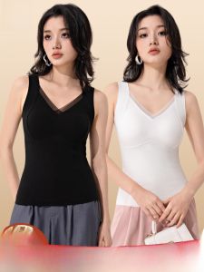 MiiOW | Warm Fleece Vest Womens V-neck Black Thermal Underwear With Chest Pad Integrated Design Indoor Outdoor Wear Autumn Winter