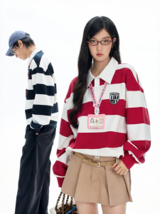 BJHG | Áo Sweater Polo Sọc Cổ Điển Phong Cách Học Đường Mỹ Thu