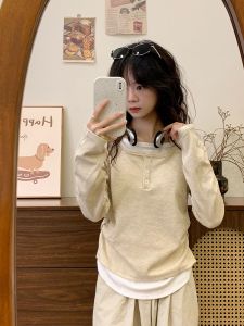 Cream Universe Fake Two-Piece Fleece-lined Bottoming Long Sleeve T-shirt Female Small Slim Bottoming Top Fall and Winter New Arrival