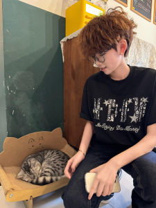 เสื้อยืดแขนสั้นผ้าฝ้ายแท้สไตล์อเมริกันสีดำพิมพ์ลายดาวทรงหลวมสบายๆ สำหรับฤดูร้อน เสื้อผ้าทำงานผู้ชาย เสื้อผ้าทำงานผู้ชาย