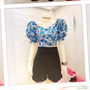 เสื้อครอปแขนตุ๊กตา รุ่นดอกเล็ก แฟชั่นสไตล์ย้อนยุคแบบครึ่งตัว สีอักเสบ