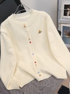 Adorable Knitted Sweater Jacket for Junior High School Girls Student Style Polyester Fiber Long Sleeve V-Neck Regular Fit