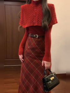PEIZIXUAN | Red Knit Dress Autumn Winter Set