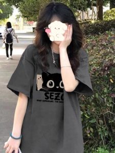 เสื้อยืดแขนสั้นผู้หญิงทรงหลวมสไตล์เกาหลี Pure Cotton ฤดูร้อน 2025 สีเทา เสื้อตัวบน แฟชั่นฤดูร้อน เสื้อยืดคอกลม