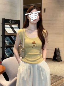 Super Good Looking Small Flounced Sleeve Vest Yellow Stylish Niche Style U Collar Silm Short Sleeveless Waistcoat T-Shirt Girls Summer