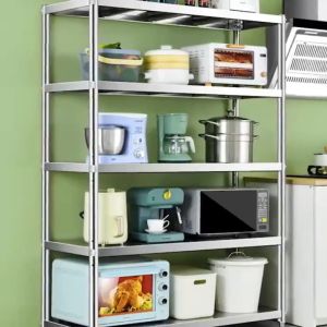 304 Stainless Steel Kitchen Rack Heavy Duty with Wheel Kitchen Floor Stand Rack Microwave Oven Rack 3/4/5 Layer Organizer Shelf Space Saver