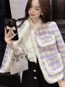 Violet Plaid Lamb Fur Jacket Womens Short Style Autumn Winter 2024 New Small Fragrance Wind Elegant Cotton Coat