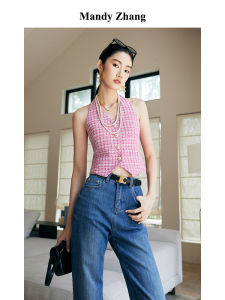 Flattering Pink Plaid Flower Yarn Blazer Vest