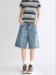 CHANT2nd | Cute Dog Embroidery Denim Shorts Mid-Length