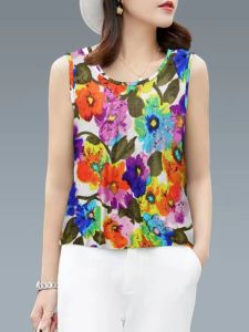 Summer Ice Silk Sleeveless Vest Womens Fashionable Breathable Cool Slimming Overhead Print Street Style Polyester Fiber