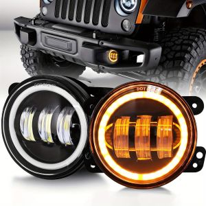 2pcs 4 Inch LED Fog Lights Round Car Driving Light with White Amber Halo Ring DRL Offroad Fog Lamps for Jeep Wrangler JK TJ