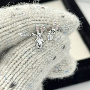 Cute Rabbit Earring Titanium Steel Double Hole Ear Studs Fashionable Cartoon Animal Shaped Jewelry Natural Zircon Inlaid