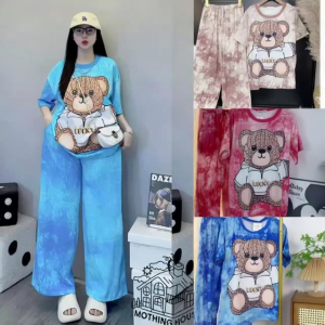 Foreign trade tie-dye fashion set womens new loose bear print short-sleeved wide-leg pants fashion two-piece summer set