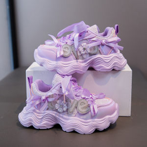 Girls Running Shoes Spring Autumn Breathable Mesh Childrens Sports Sneakers Princess Fashionable Slip-On Rubber Outsole