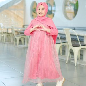 Baju Gamis Dress Muslim Anak Perempuan Mewah Terbaru Kekinian Lebaran Kondangan Kombinasi Tuille