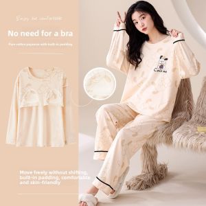 miiow | Pure Cotton Sleepwear Womens Spring Autumn Long Sleeve Home Clothes Set With Chest Pad Can Be Worn Outside Ladies Home Suit