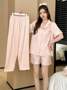 Summer Short Sleeve Sleepwear Set Womens Ice Silk Thin Satin Home Clothes Sweet Style Two-Piece Long Pants Comfortable Nightgown