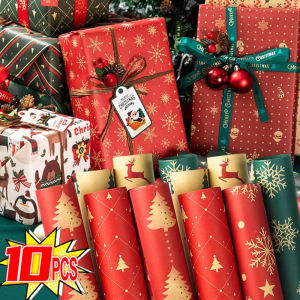 🎄🎅10ชิ้นกระดาษห่อคราฟท์คริสต์มาสการ์ตูนของขวัญซานตาคลอสต้นคริสต์มาสกระดาษห่องานฝีมือ DIY การตกแต่งงานปาร์ตี้ภายในบ้านกระดาษคราฟท์