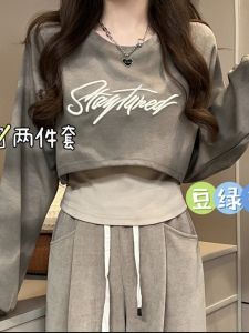 ผู้หญิง ฤดูใบไม้ร่วง เสื้อสวม เสื้อฮู้ด ชุดสองชิ้นคอกลมแขนสั้น เสื้อท่อนบน พร้อมเสื้อเชิ้ตแขนยาวปักรายละเอียด