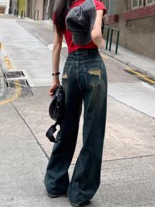 High Waist Fleece Lined Wide Leg Jeans Womens Autumn Winter Denim Pants Torn Floor Length Straight Cut Drapey Bootcut Trousers