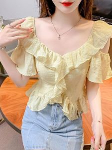 เสื้อเชิ้ตผ้าชีฟองแขนสั้นคอวีสไตล์ฤดูร้อนปี 2024 สำหรับผู้หญิง ดีไซน์พิเศษ ทรงเข้ารูป ไม่มีซิป เสื้อเชิ้ตแขนสั้นสีพื้น