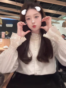 chaqi | French Ruffle Collar Short Sleeve Womens Shirt Spring Autumn Inner Design Retro Bell Sleeve Stand Collar White Top