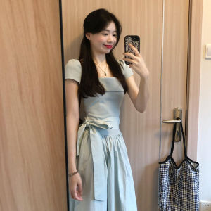 Y6Y | French Blue Square Collar Short Sleeve Dress Women Summer New Belt Waist Cinched Beautiful Long Skirt Sweet Style High Waist