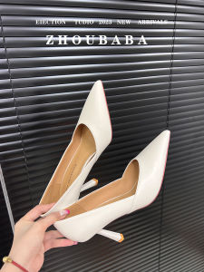 รองเท้าส้นเตี้ยทรงหัวแหลมหนังแท้สำหรับใส่ไปทำงาน รองเท้าส้นเตี้ยแบบสวมหัวแหลมสีขาว รองเท้าส้นสูงสำหรับใส่ไปทำงานในช่วงฤดูใบไม้ผลิและฤดูร้อน