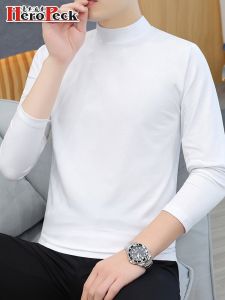 New 2025 Mens Long Sleeve T-Shirt Thin Pure Cotton Half High Collar mid Collar Autumn Top Base Shirt Inner Wear Solid Color