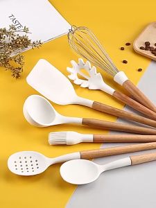 White Silicone Kitchenware Cooking Tool Utensils Set with Wooden Multifunction Handle Non-Stick Spatula Ladle Beaters
