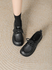 Josiny | Retro English Style Lacing Loafers Black Flats