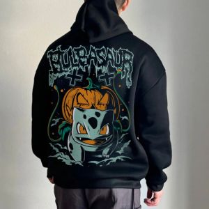 2025 Extra Large 4xl Pok É Mon Bulbasaur Seed Printed Mens and Womens Autumn/Winter Plush Y2K Halloween Black Hoodie