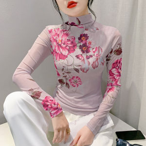 Yimei 2023 Áo sơ mi thời trang duyên dáng Tay áo dài Mùa Thu/Mùa Đông Áo phông in hình thanh lịch cổ áo cao mới của phụ nữ