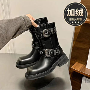 Fleece Lined Western Style Martin Boots Womens Autumn Winter Fashion Booties High Tubc Rubber Outsole round Toe Zipper Closure