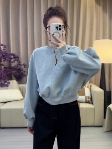 Korean Style Pure Color Simple round Neck Short Sweatshirt Womens Fashion Loose Top Early Autumn New Arrival Lazy Style
