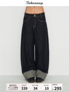 Original Polka Dot Cuff Wide Leg Jeans Womens Summer Sweet Cool Style Slimming Straight Cut Pants Casual Low Waist Jeans