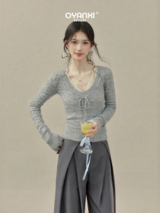 OUYANGXI | Áo Sweater Dệt Kim Cổ V Đục Lỗ Ren Mùa Xuân Tay Ngắn Cho Nữ