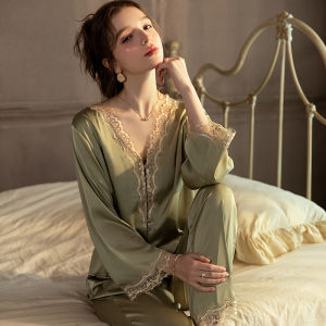 Silk Sleepwear Womens Loose Long Sleeve Home Clothes Two-Piece Set New Style Spring Summer Pure Desire Lace Design Comfortable