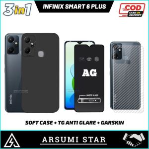 PROMO PAKET MURAH 3 IN 1 CASE INFINIX SMART 6 PLUS SOFTCASE CASING LIQUIT + ANTI GORES CERAMIC MATTE ANTI SPY + GARSKIN CARBON 3D