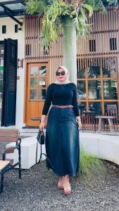 Pg Jeans - Rok Denim Vintage Retro Wanita Rok Jeans Panjang High Waist A-Line Cewek