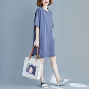 2026 Summer New plus Size Womens Cotton T-Shirt Loose Midi Dress Maternity Wear Short Sleeve round Neck Korean Style Commute
