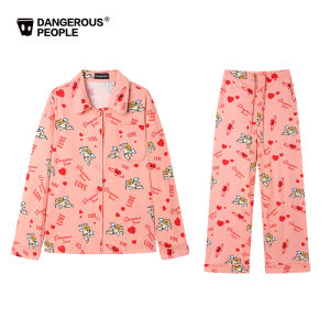 Fashionable Loose Couple Home Clothes Set Full Print Angel Love Heart Design Spring Cotton Polo Shirt Long Pants for Teens