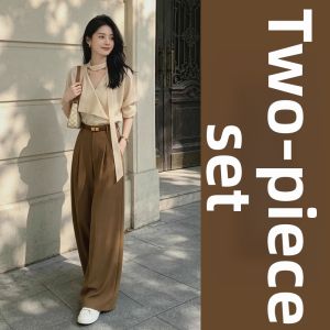 HUAYILING | High Intelligent Sensation Charming Womens Suit V-Neck Shirts and Flared High-Waisted Trousers Set