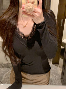 Áo Thun Cổ Chữ V Ren Ngắn Ôm Vừa Vặn Cho Nữ Mùa Xuân Thu Phong Cách Hàn Quốc Tay Dài Chất Liệu Polyester Và Lycra